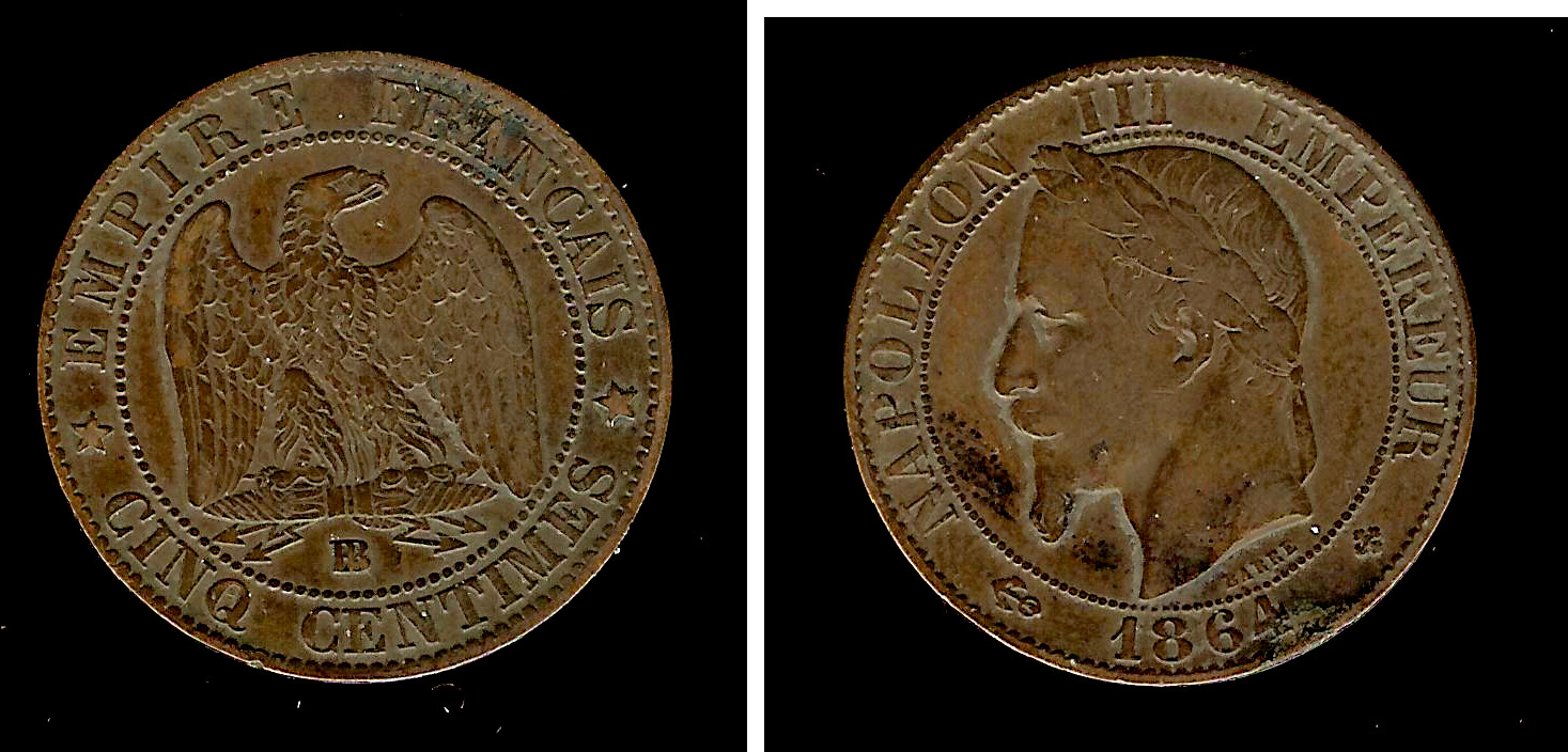 Cinq centimes Napoléon III, tête laurée 1864 Strasbourg TTB- à T